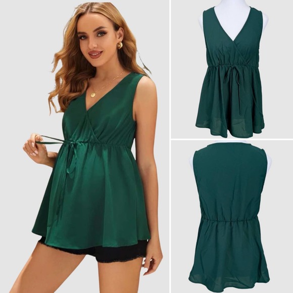 SHEIN Maternity Surplice Neck Tie Front Peplum Top Hunter Green, Size Small - Picture 1 of 7